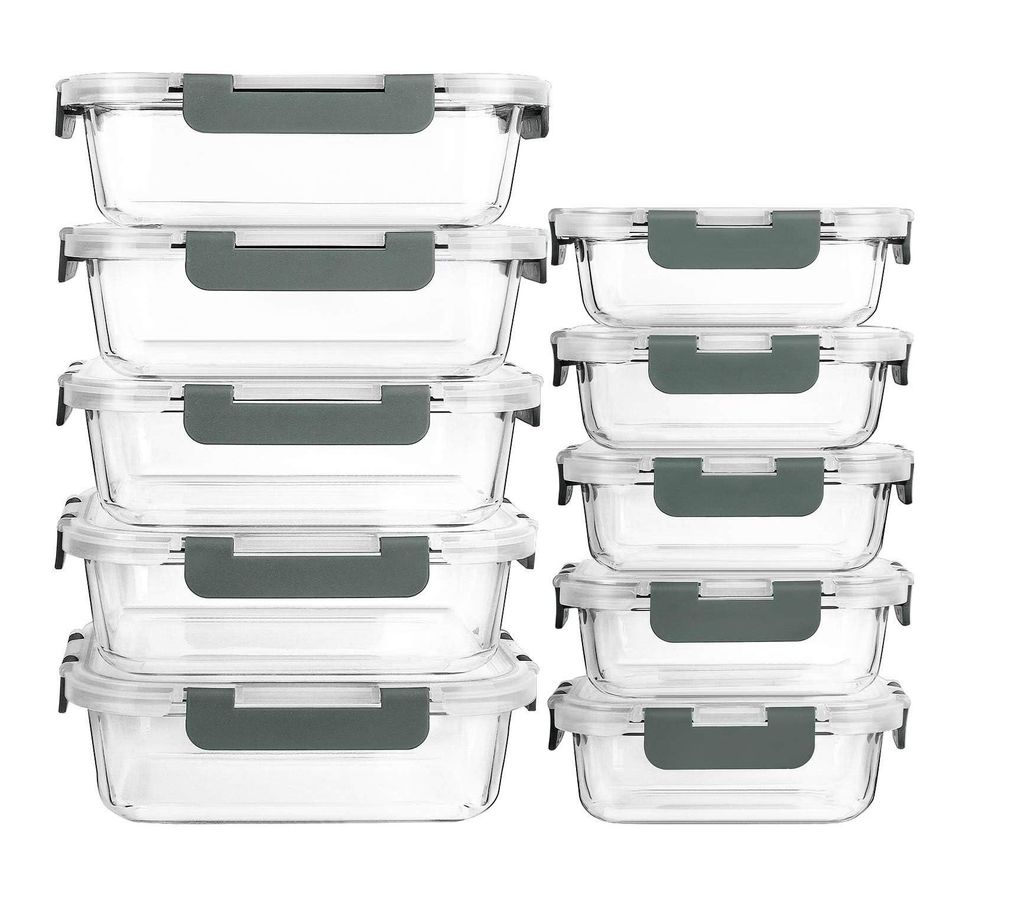 A set of glass food storage containers with gray lids, stacked in two columns.