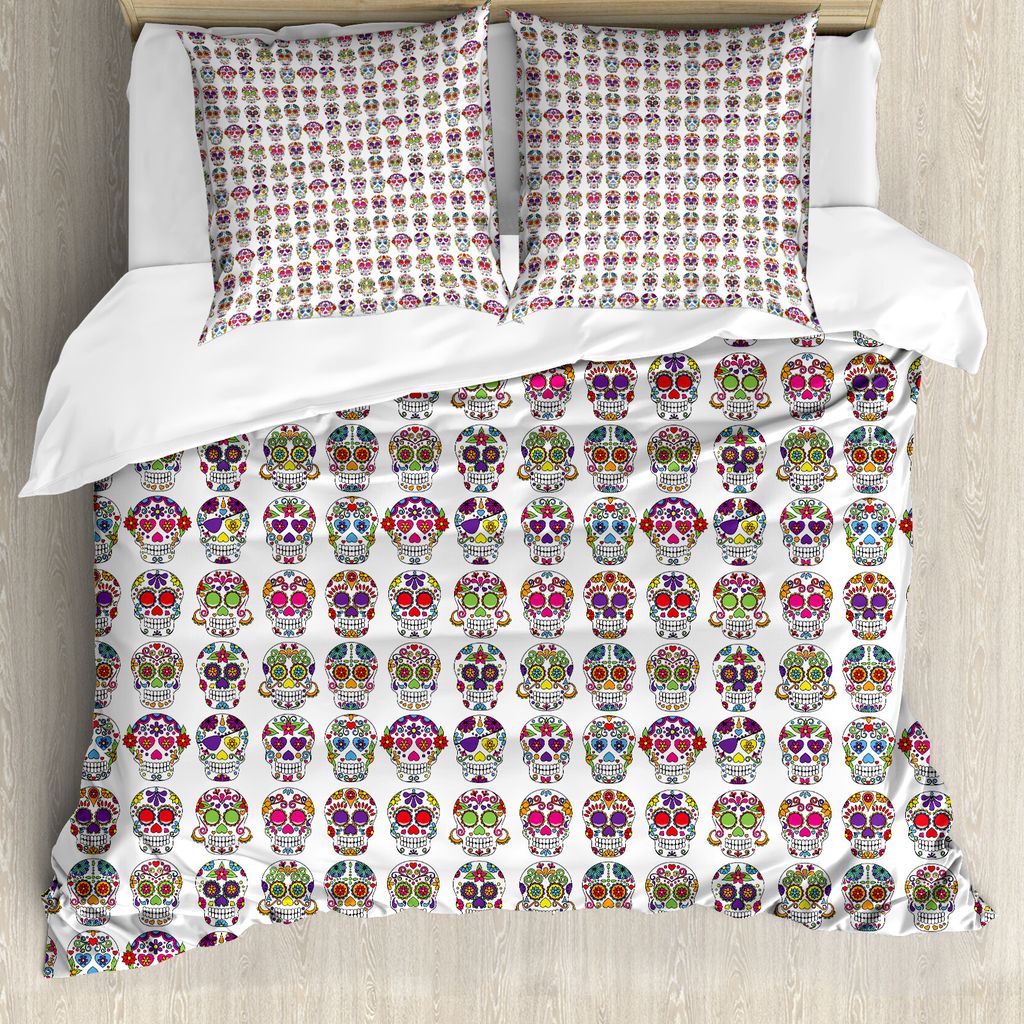 ABAKUHAUS Zuckerschädel Bettbezug, Schädel mit Blumen, Milbensicher Allergiker geeignet mit Kissenbezügen, 155 cm x 220 cm - 80 x 80 cm, Mehrfarbig