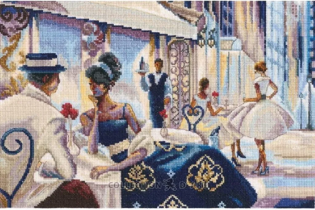 Kit Point de Croix RTO Soirée Agréable au Café avec Toile 30,5x20cm