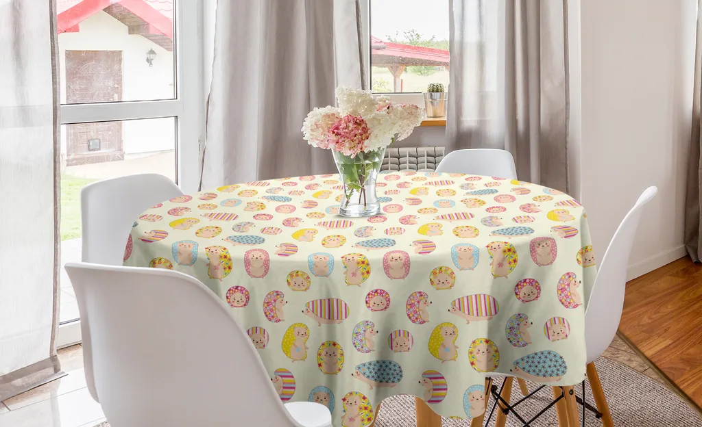 ABAKUHAUS Tovaglia rotonda gialla e bianca, semplice reticolo, tovaglia circolare per sala da pranzo, decorazione cucina