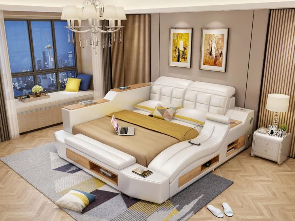 Funktion Bett Doppelbett Lederbett Betten Leder Polster Schlafzimmer Ehe USB LED