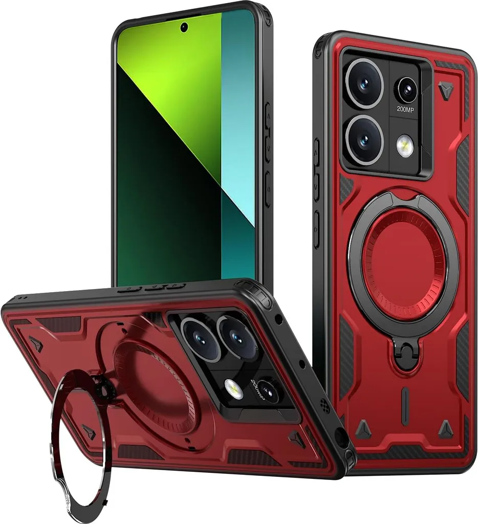 Custodia a doppio strato per Xiaomi Redmi Note 13 5G, custodia protettiva militare magnetica con anello e supporto in metallo Rosso