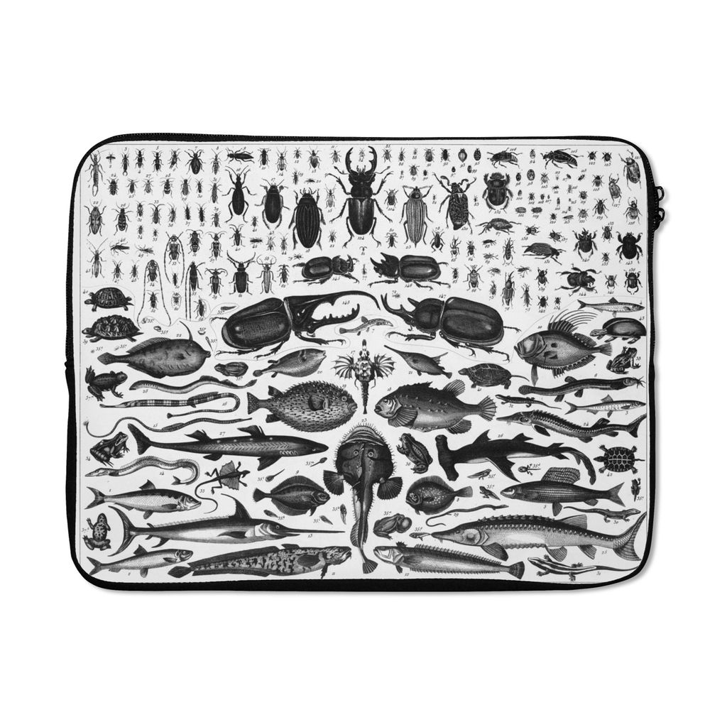 MuchoWow Laptop Hülle 17 Zoll Laptoptasche Schwarz-Weiß-Abbildung von vielen Fischarten - Zipper - Schutzabdeckung