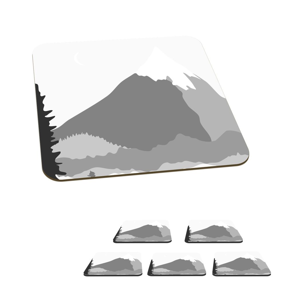 KitchenYeah Glasuntersetzer Quadratisch 6er Set Illustration - Berg - Schwarz - Weiß 10x10 cm Untersetzer für Gläser - Getränkeuntersetzer - ...