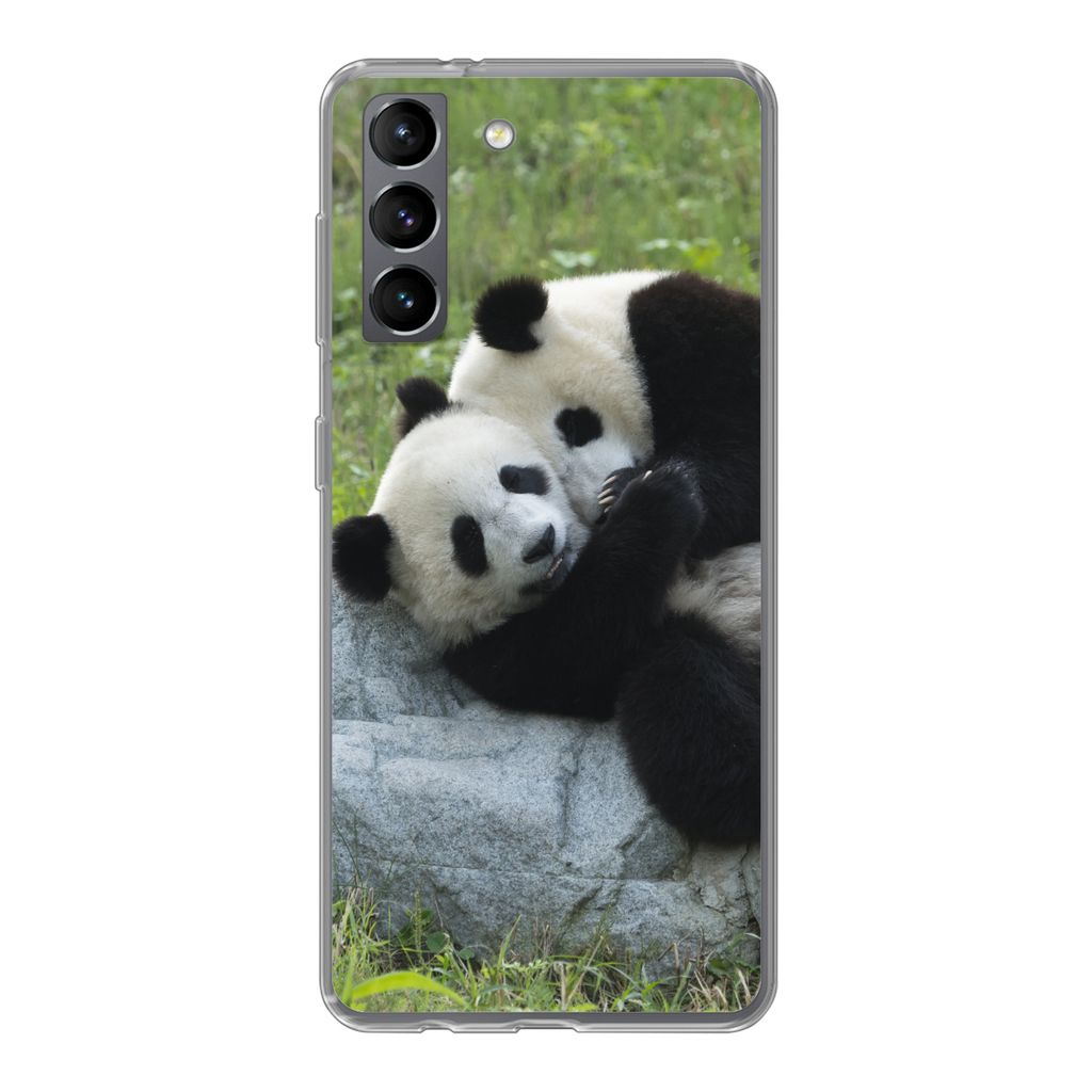 MuchoWow Handyhülle Schutzhülle Hülle für Samsung Galaxy S21 Pandas - Gras - Stein Silikon Softcase Handy Hülle - Softcase