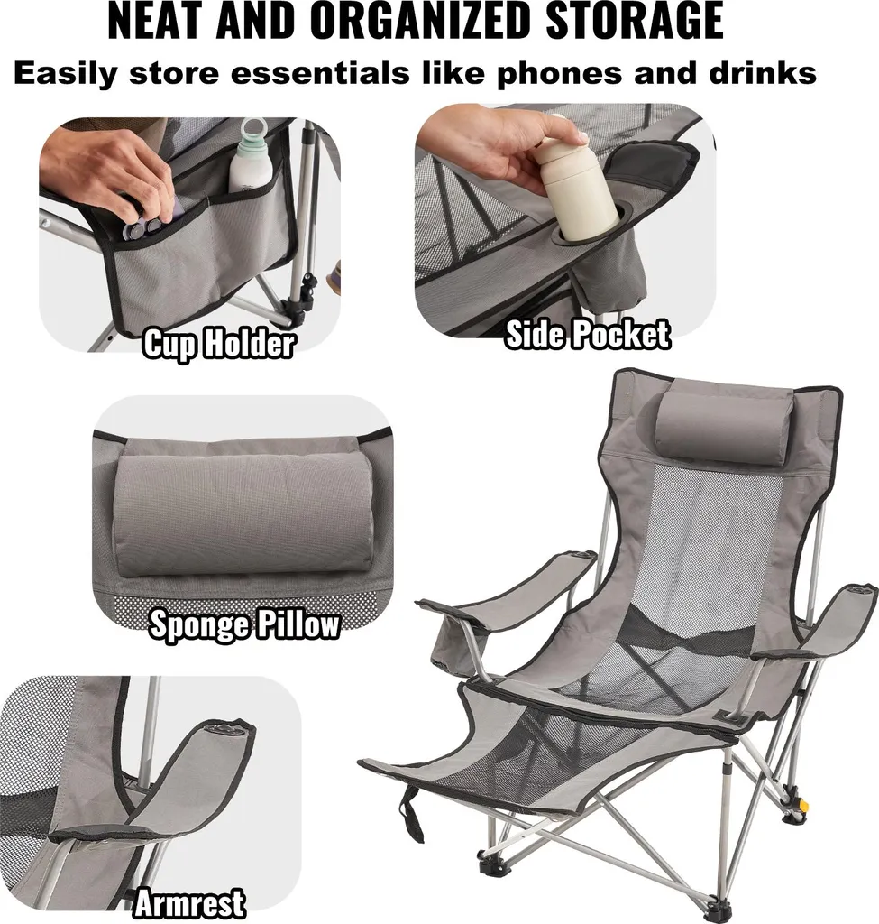 Chaise de camping robuste 150 kg avec appui-tête et poche de rangement