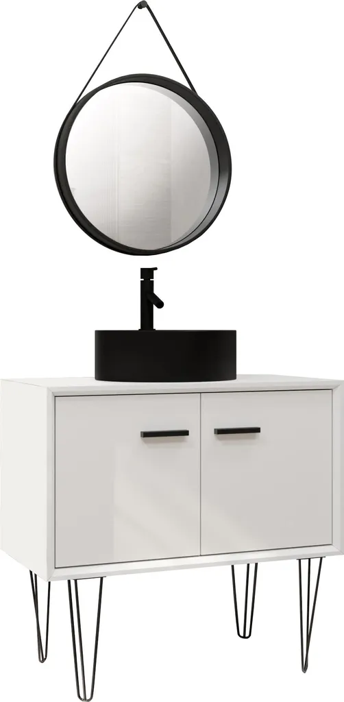 Rangement Salle de Bains : Meuble 80cm sur Pieds avec Vasque et Miroir