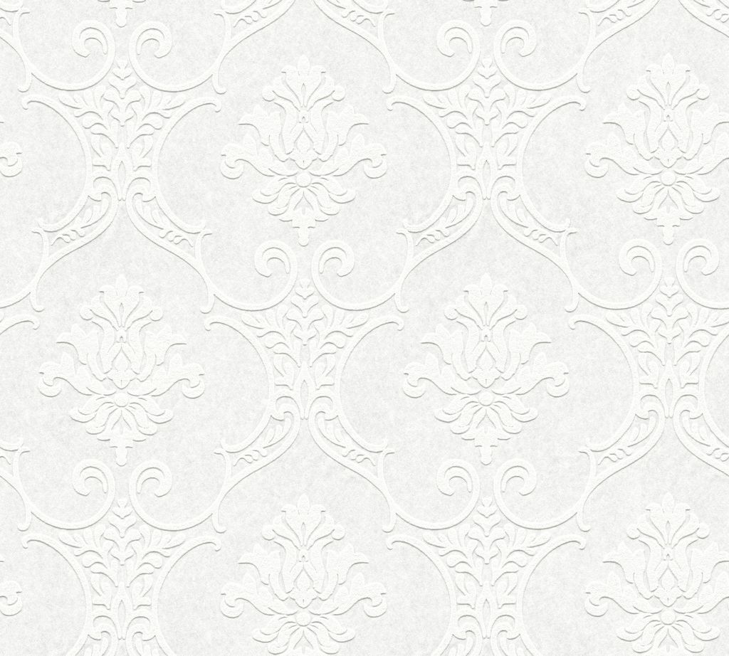 A seamless pattern of embossed white damask wallpaper.