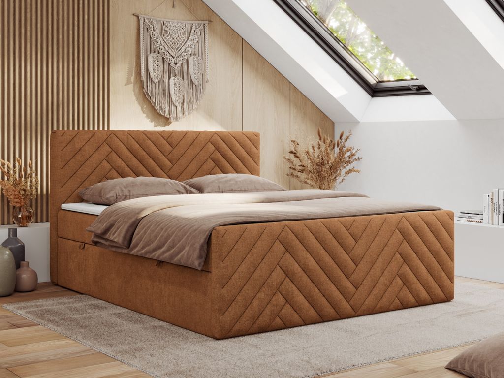 MKS MEBLE Boxspringbett 180x200 mit Bettkasten Matratze H4 - Paris Duo - Orange Strukture