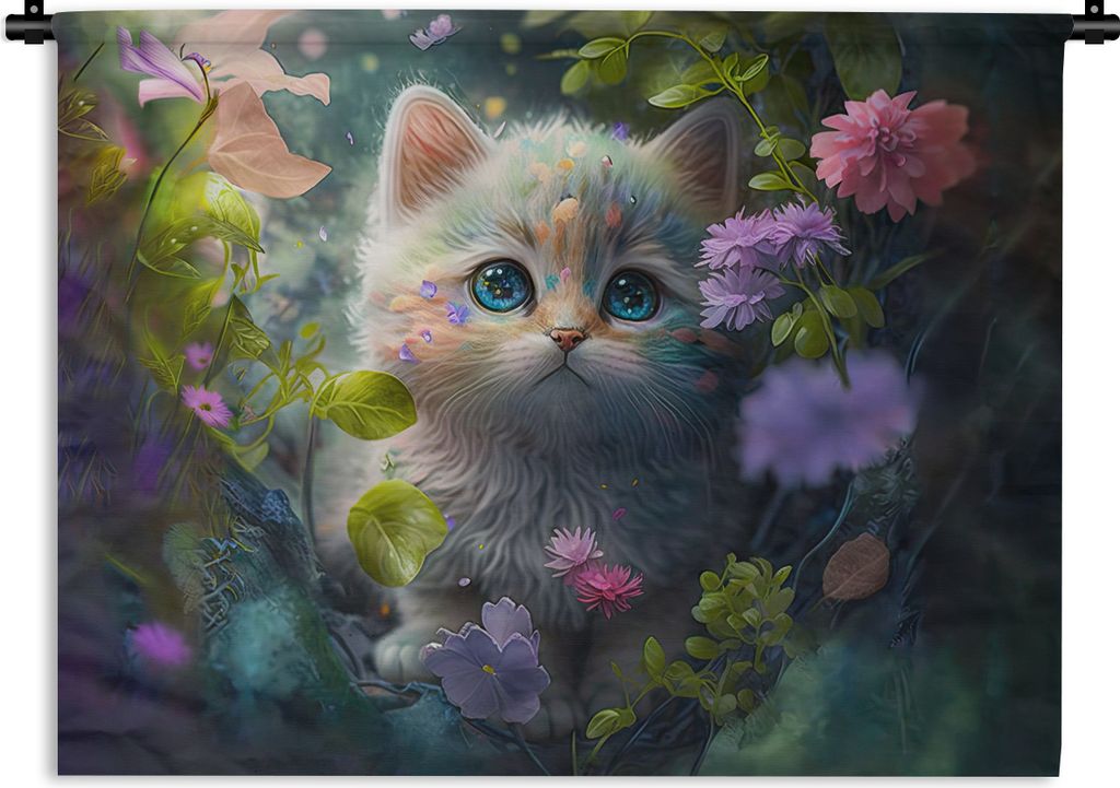 MuchoWow Wandteppich Wandbehang Kätzchen - Blumen - Wald - Illustration - Katze 120x90 cm Tapisserie Dekoration Wandtuch - Wohnen - Aufhänger f...