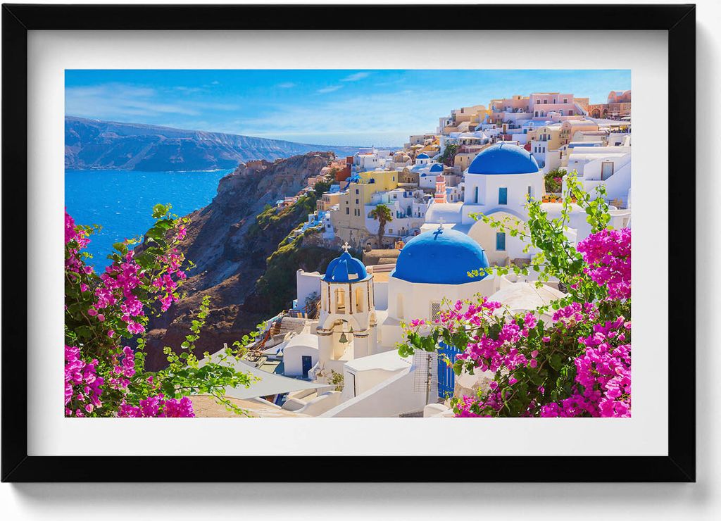 Blick auf die griechische Architektur von Santorin– Wandbild mit Rahmen – Gerahmtes Bild – Wanddekoration – 60x40 cm – Schwarz Rahmen