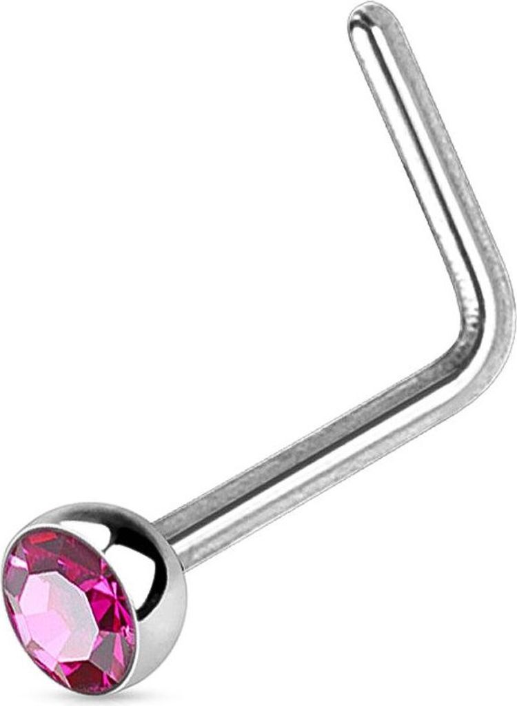 Autiga Nasenpiercing Stecker Nasenstecker Stift Nasen Piercing gebogen L-Form Zirkonia Kristall silber-pink 0,8 mm