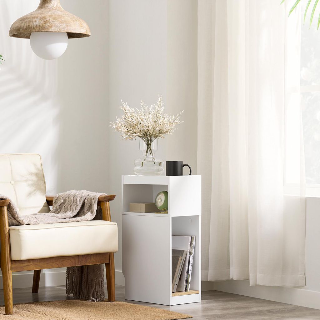 SoBuy Schmaler Nachttisch, Schlanker Beistelltisch mit Schublade und Ablage, Moderner Nachtschrank für Schlafzimmer und Wohnzimmer, Weiß FBT171-WN