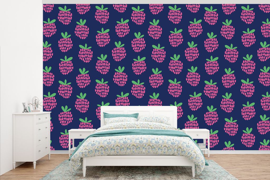 MuchoWow Fototapete für Wohnzimmer oder Schlafzimmer Wandtapete Vinyl Motivtapete Muster - Himbeere - Retro - 405x260 cm - Die Küche
