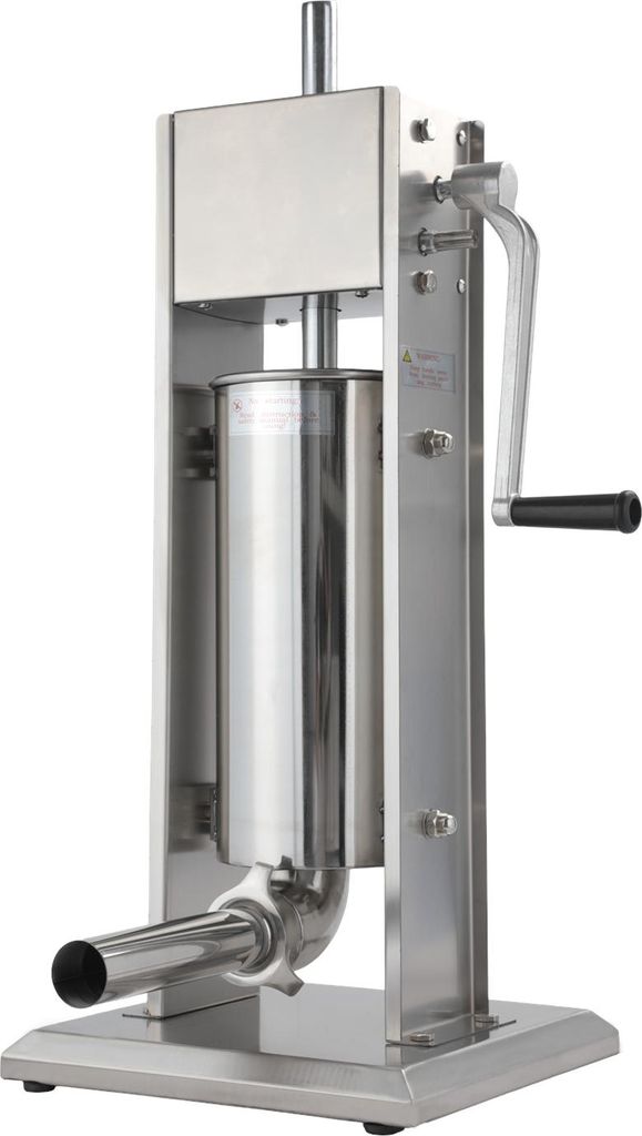 A stainless steel sausage stuffer machine is shown against a white background.