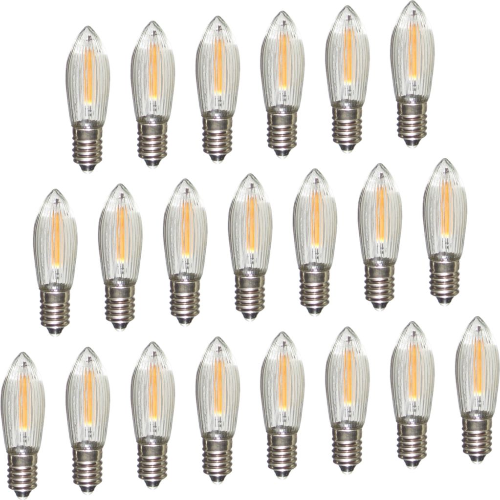 A collection of LED filament light bulbs arranged in rows against a white background.