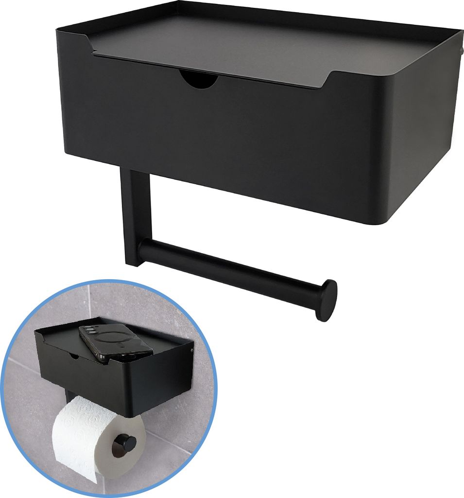 Sanics WC-Rollenhalter inklusive Montageset Schwarz – Toilettenrollenhalter mit Kästchen – WC-Papierhalter mit Ablage – Toilettenrollenhalte...
