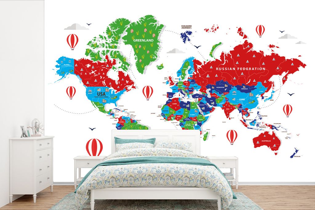 MuchoWow Fototapete für Wohnzimmer oder Schlafzimmer Wandtapete Vinyl Motivtapete Weltkarte - Farben - Luftballon - 420x280 cm - Zimmer für Kinder