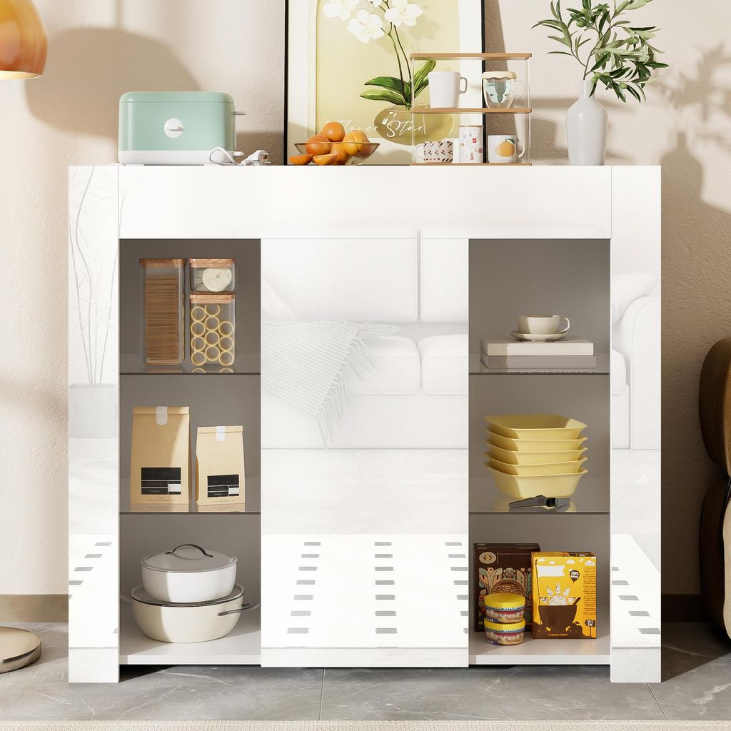 Merax Sideboard mit Hochglanz-Front und Glasregalen, Modernes schwarzes Buffet, Kompakte Aufbewahrung 95×35×83 cm für Wohnzimmer, Esszimmer, Weiß