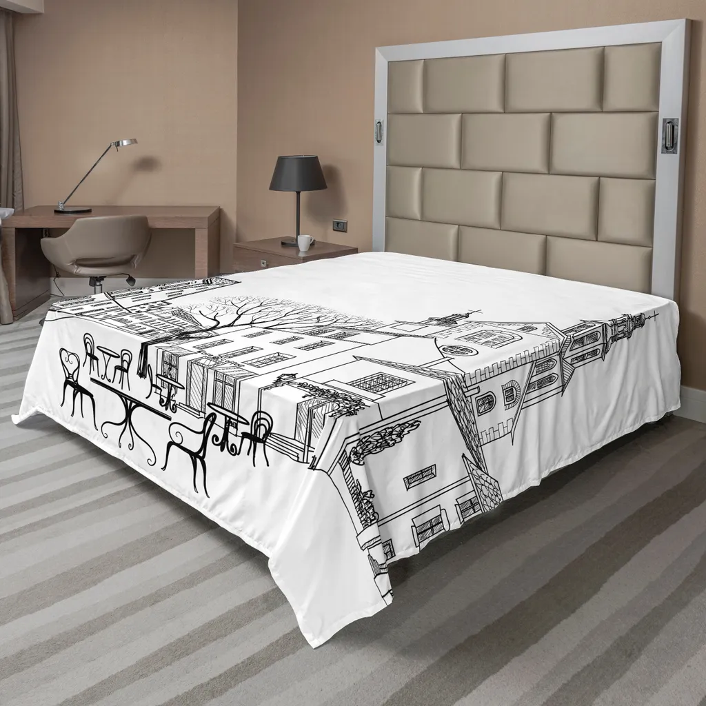 ABAKUHAUS Vista della città Lenzuolo, caffè all'aperto Città antica Porta Edificio Albero Passaggio Castello Paesaggio Sotto, morbido e confortevole lenzuolo superiore per un letto decorativo 1 pezzo 275 cm x 260 cm, bianco nero