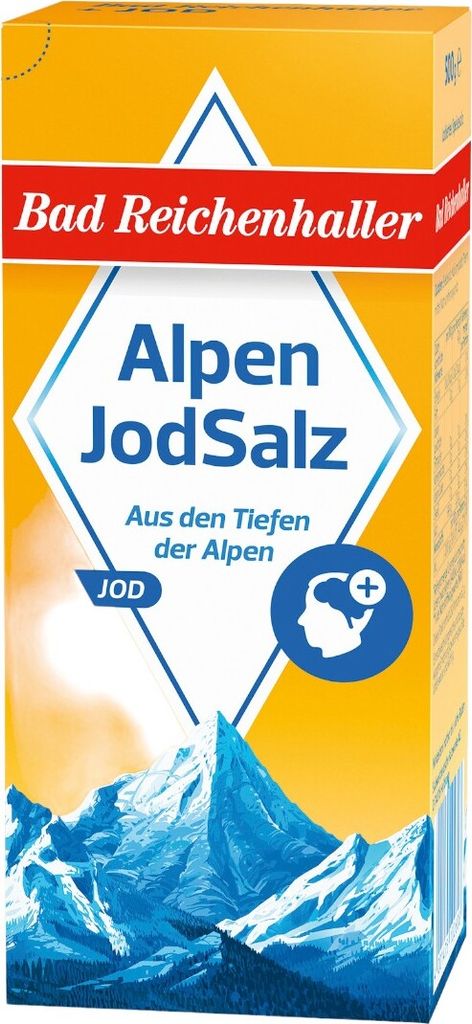 A product package for Bad Reichenhaller AlpenJodSalz, featuring a mountain landscape.