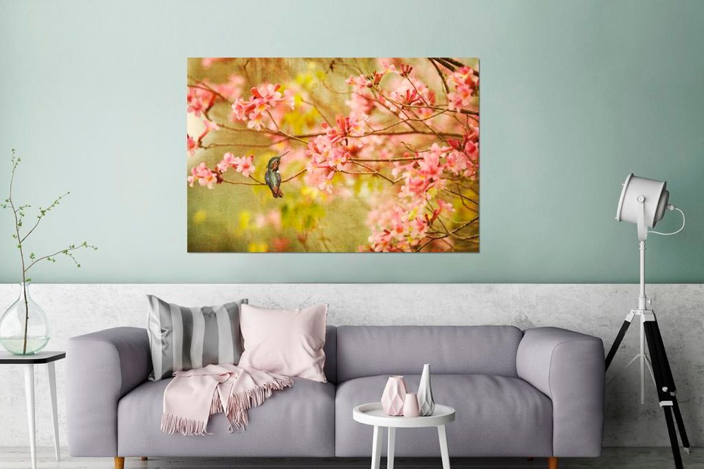 MuchoWow Wanddekoration Metall Metallbild Wandkunst 120x80 cm Vogel - Kolibri - Blüte - Rosa MuchoWow Aluminium Gemälde - Alu Bild
