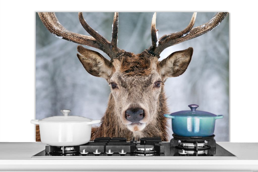 KitchenYeah Spritzschutz Küche - Küchenrückwand - Wandschutz für Herd und Spüle - Hirsche - Geweihe - Schnee 100x65 - Alu-Dibond (Alternativ...