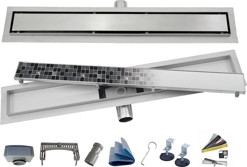 AQUA HEATING 2in1 linearer Edelstahl-Bodenablauf superflach Komplettset für Badezimmer mit bodengleicher Dusche, Duschrinne Set, Duschablauf mit S...