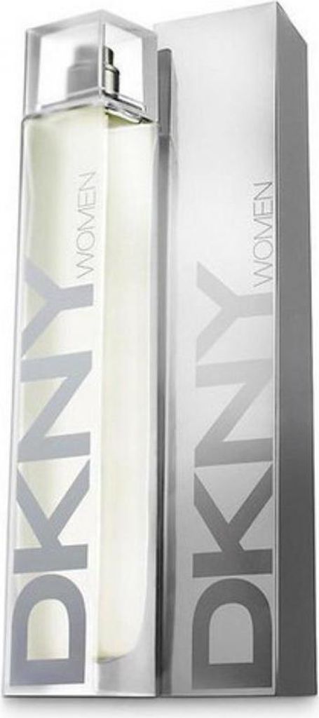 A bottle of DKNY Women Energizing perfume and its packaging stand side-by-side against a white background.