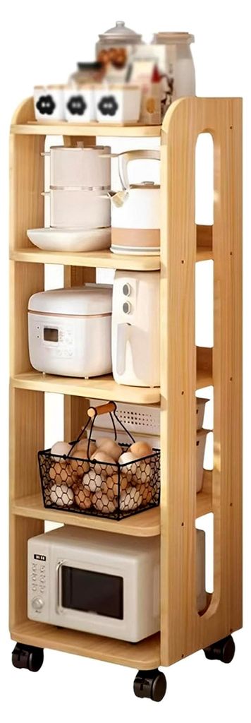 Küchenregal aus Massivholz mit Rollen, hohe Rückwand für Mikrowelle, vielseitige Aufbewahrungslösung für Arbeitszimmer, Küche, Schlafzimmer