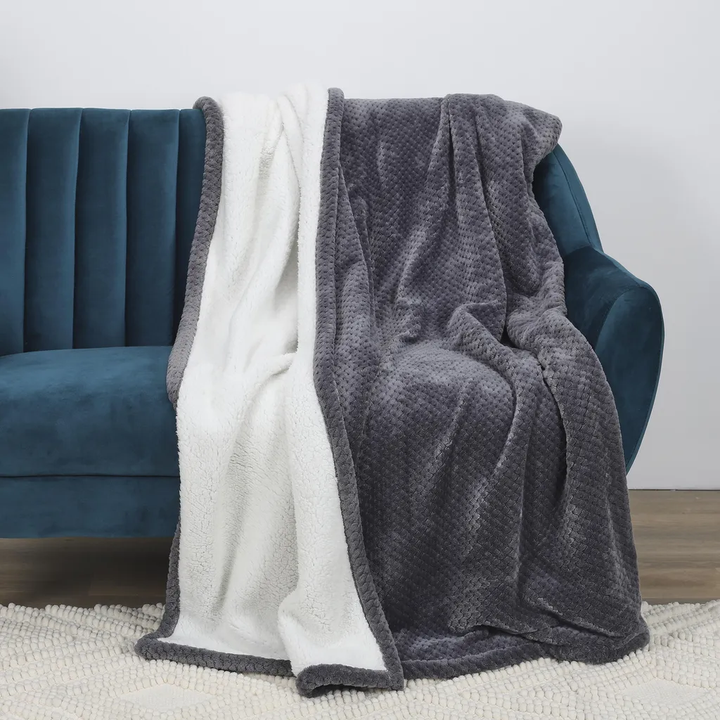 Plaid XXL Nid d'Abeille et Sherpa 180x220cm : Confort Hivernal Gris