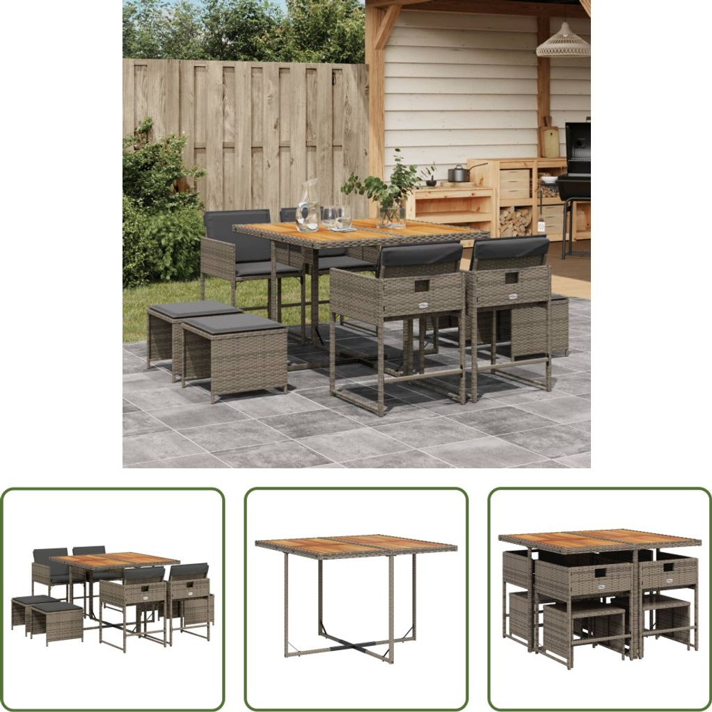 The Living Store 9-tlg. Garten-Essgruppe mit Kissen Grau Poly Rattan