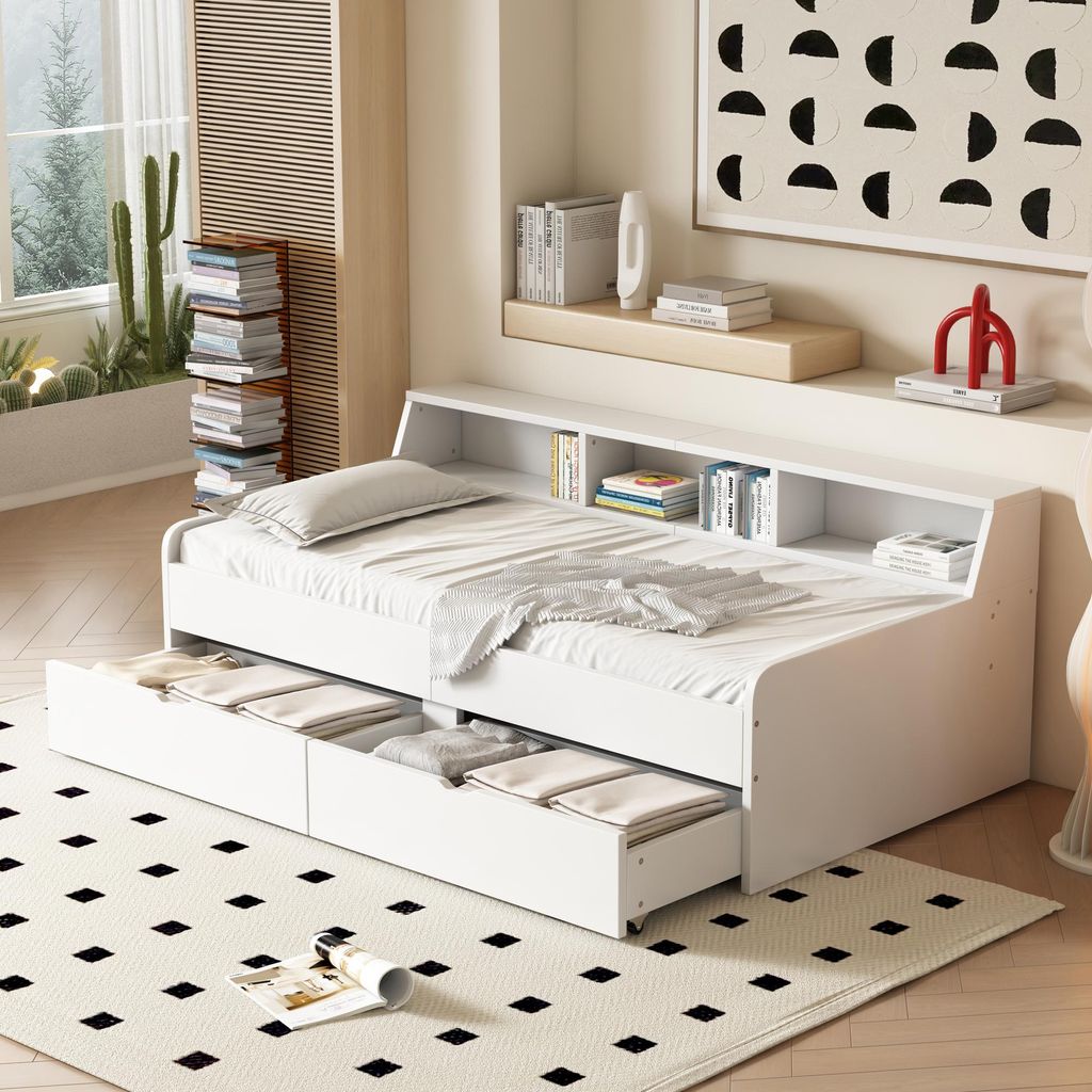 Merax Tagesbetten 90x200 cm, mit 2 Schubladen, Ablagefach, Daybett, Schlafsofa, Kinderbett, Jugendbett, Gästebett, Massivholzbett, Einzelbett, Beige