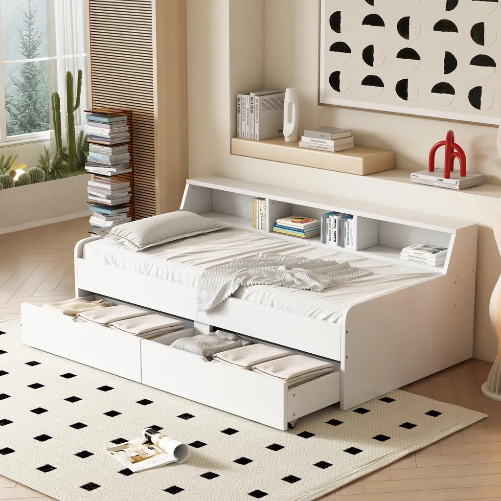 Merax Lit de jour 90x200 cm avec 2 tiroirs de rangement en bois beige