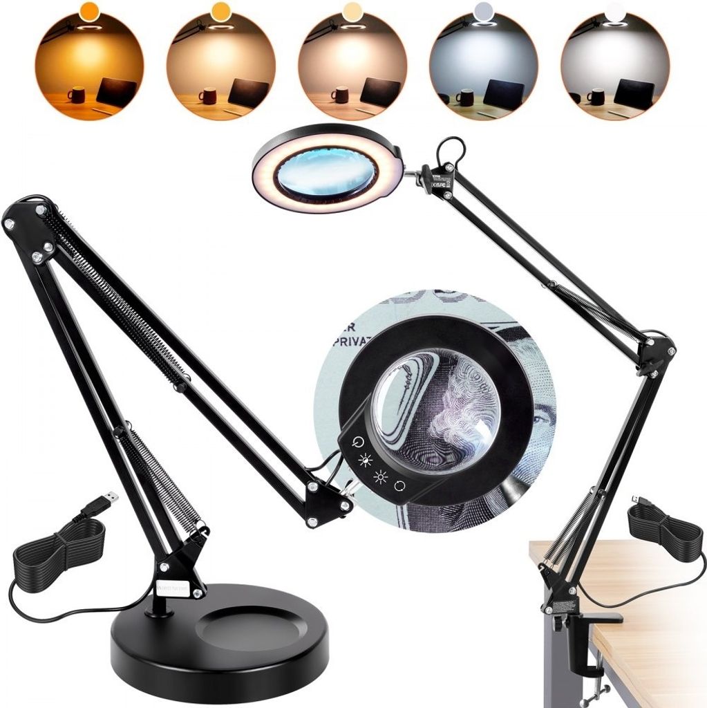 64 LED-Lupenleuchte mit Ständer - Arbeitsplatzlampe - Lupenlampe 5x Vergrößerung - Tischlampe mit 5-Farben-Dimmung - 110mm Glaslinse - Smart-Hea...