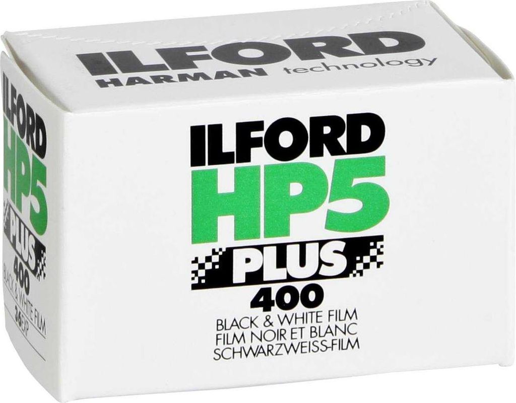 A white box of Ilford HP5 Plus 400 black and white film.