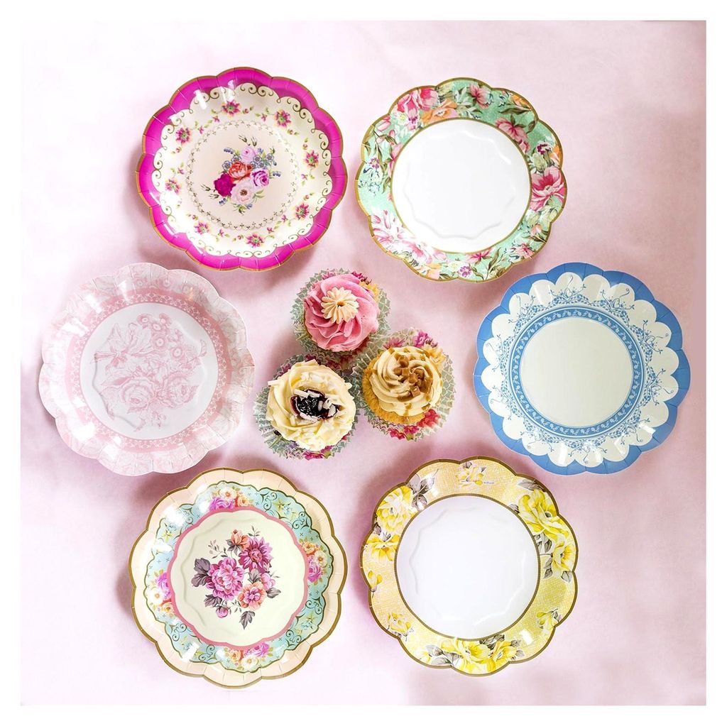 24 Pappteller im Vintage-Stil mit Blumenmuster und gewelltem Rand, Einweggeschirr für Geburtstagsfeiern, Gartenpartys, Nachmittagstee, Babypartys,...