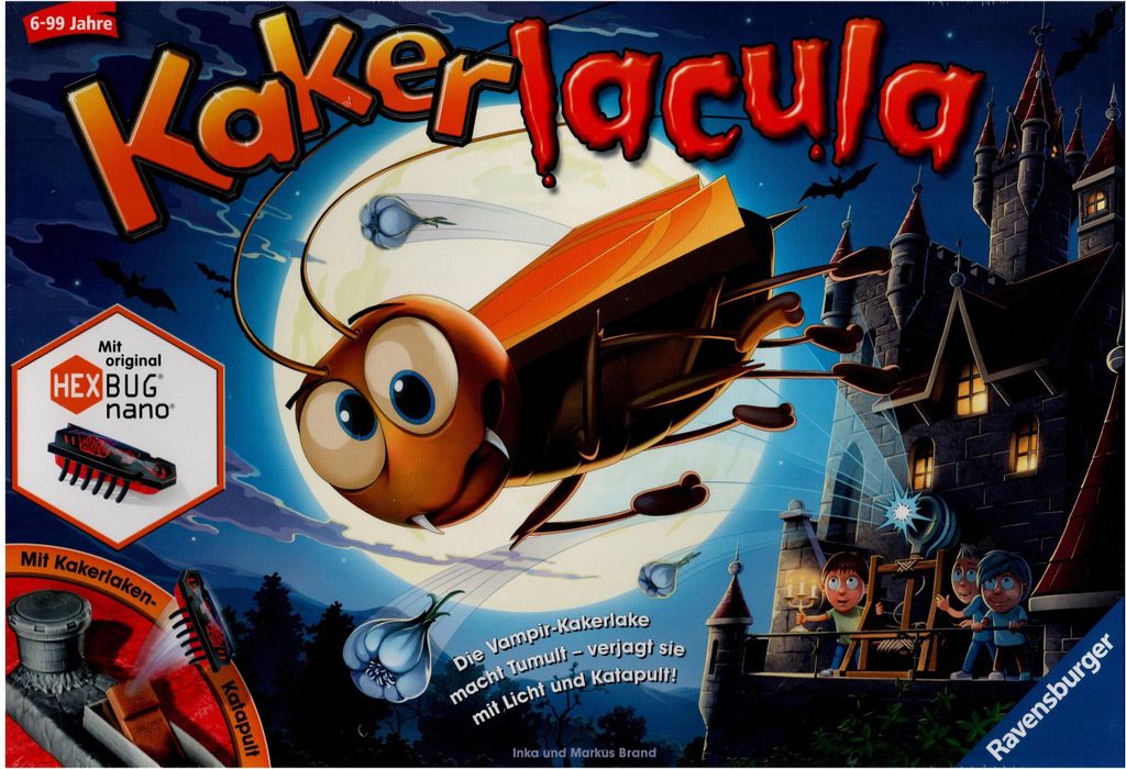 The image is the box art for a board game called Kakerlacula, featuring a cartoon cockroach character flying in front of a moon and a spooky castle. Children are depicted on the castle ramparts.