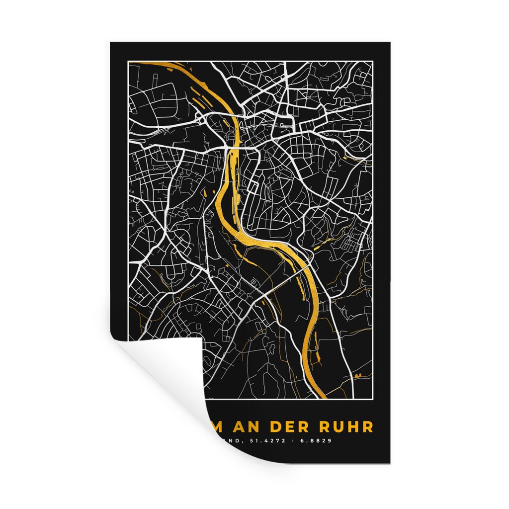 MuchoWow Wandtattoo Wandsticker Wandaufkleber Mülheim an der Ruhr - Gold - Stadtplan - Karte - Deutschland 60x90 cm Selbstklebend und Reposition...