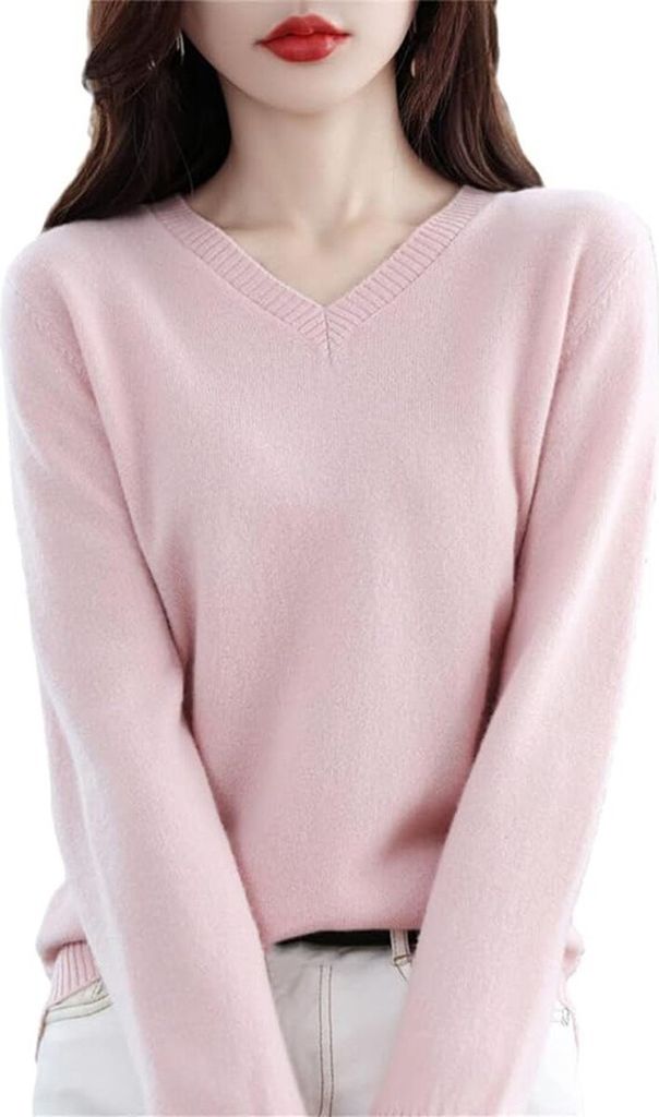 ASKSA Damen Wolle V-Ausschnitt Pullover Leicht Sweater Elegant Strickpullover Slim Fit Warm Pulli Basic Sweatshirt, Rosa, 2XL