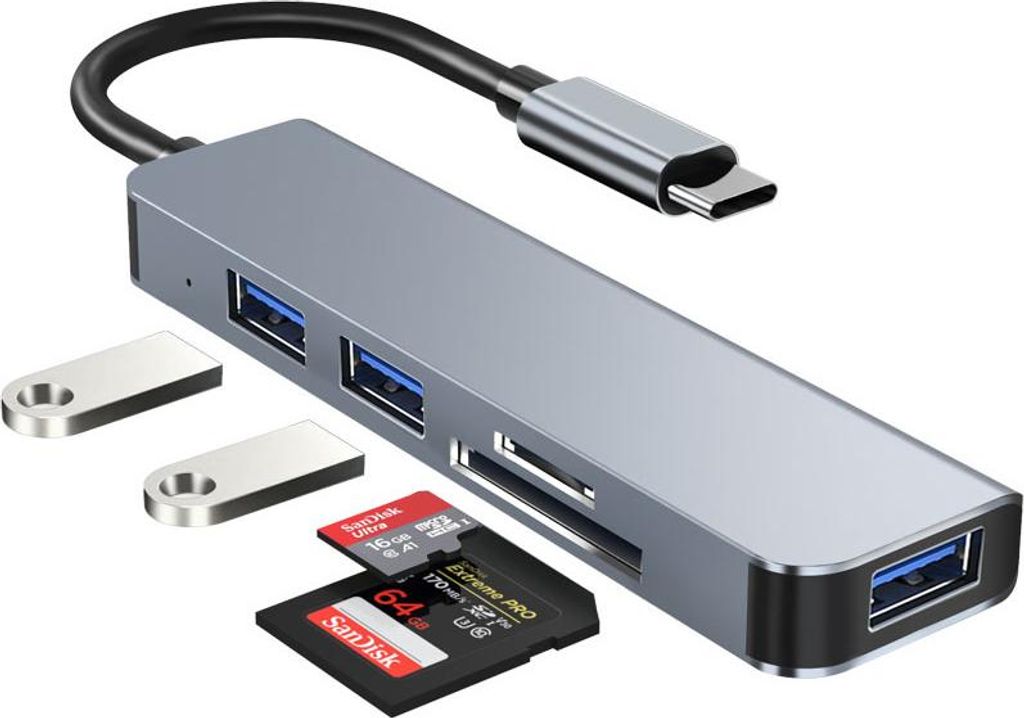 INF 5-in-1 USB-C Hub Adapter: USB 3.0, Dual USB 2.0, SD/TF Kartenleser