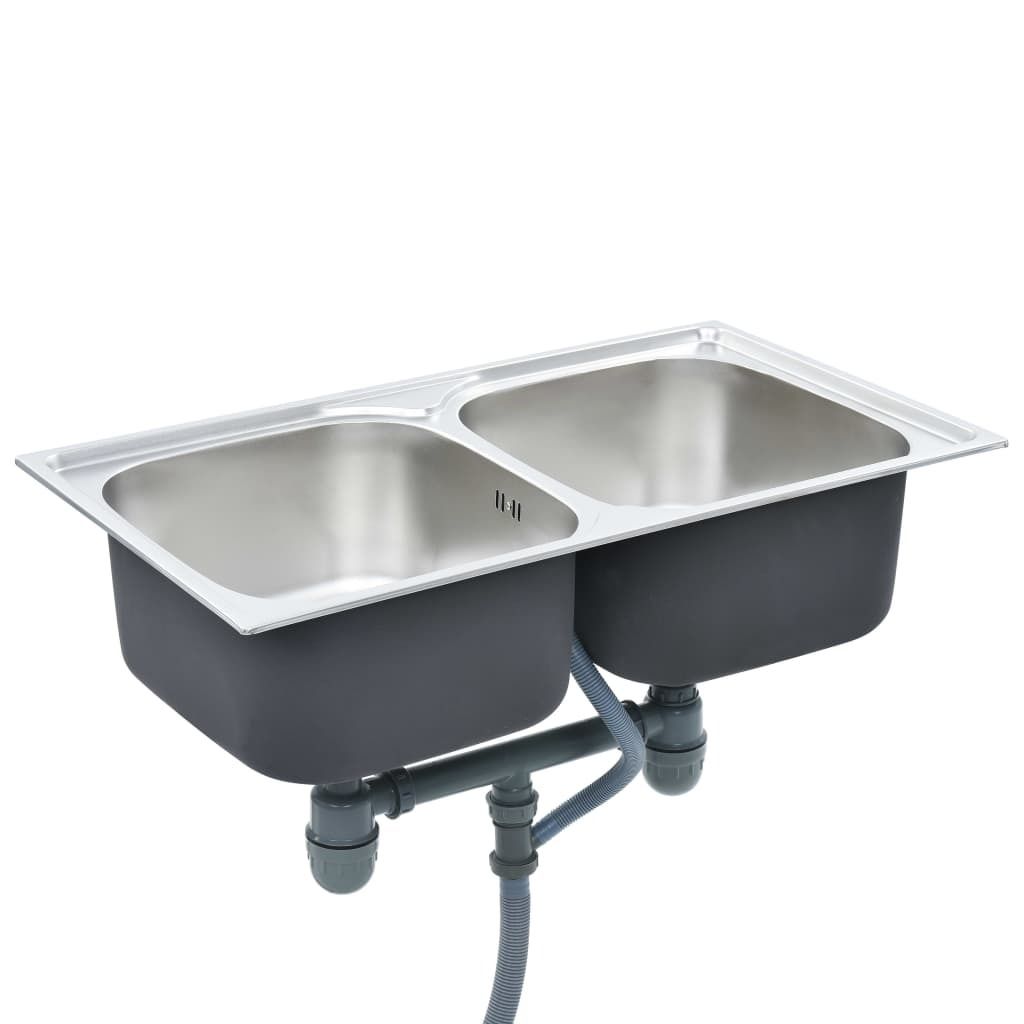 Küchenspüle Doppelbecken mit Sieb & Siphon Edelstahl , Produktbild 3