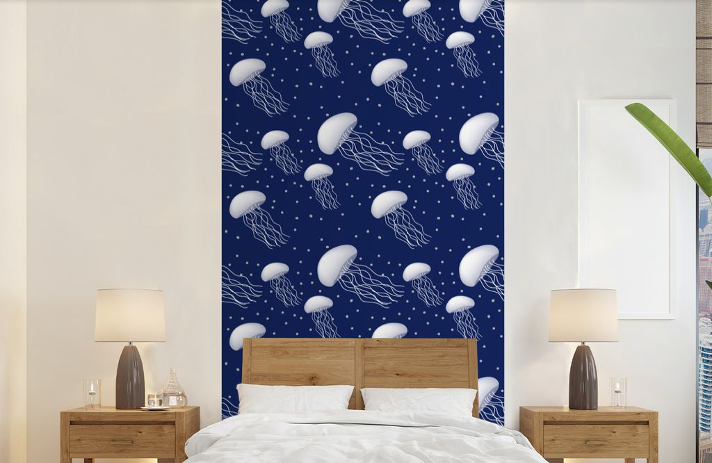 MuchoWow Fototapete für Wohnzimmer oder Schlafzimmer Wandtapete Vinyl Motivtapete Muster - Wasser - Quallen - Jungen - Kinder - Baby - 120x240 c...