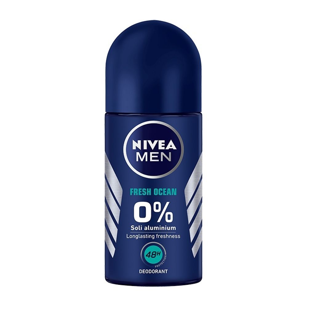 A Nivea Men Fresh Ocean Roll-On Deodorant is shown against a white background.