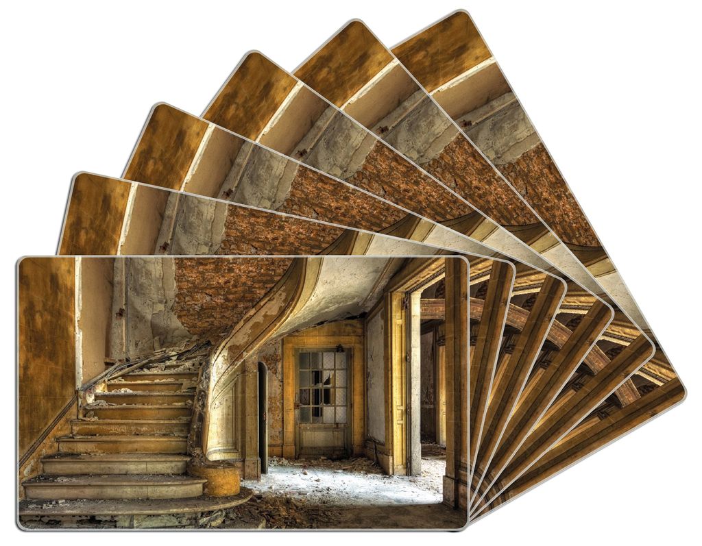 Wallario Frühstücksbrettchen 6er Set aus Glas, je 14 x 23 cm, mit rutschfesten Füßen, Motiv Massive Steintreppe in herrenlosem Haus