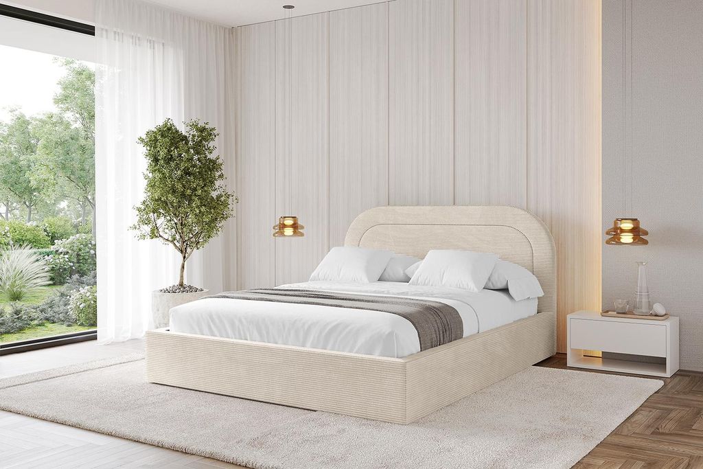 ALTDECOR Polsterbett mit Bettkasten - LERAY - 200x200 Beige - Bett mit Matratze H3/H4, Kopfteil, Boxbett, Lattenrost, Doppelbett mit Stauraum