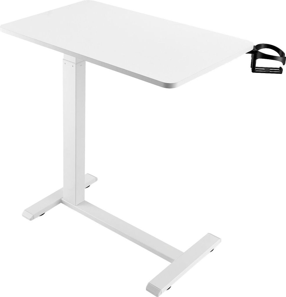 A white adjustable height desk with a black clip on the side, shown against a white background.