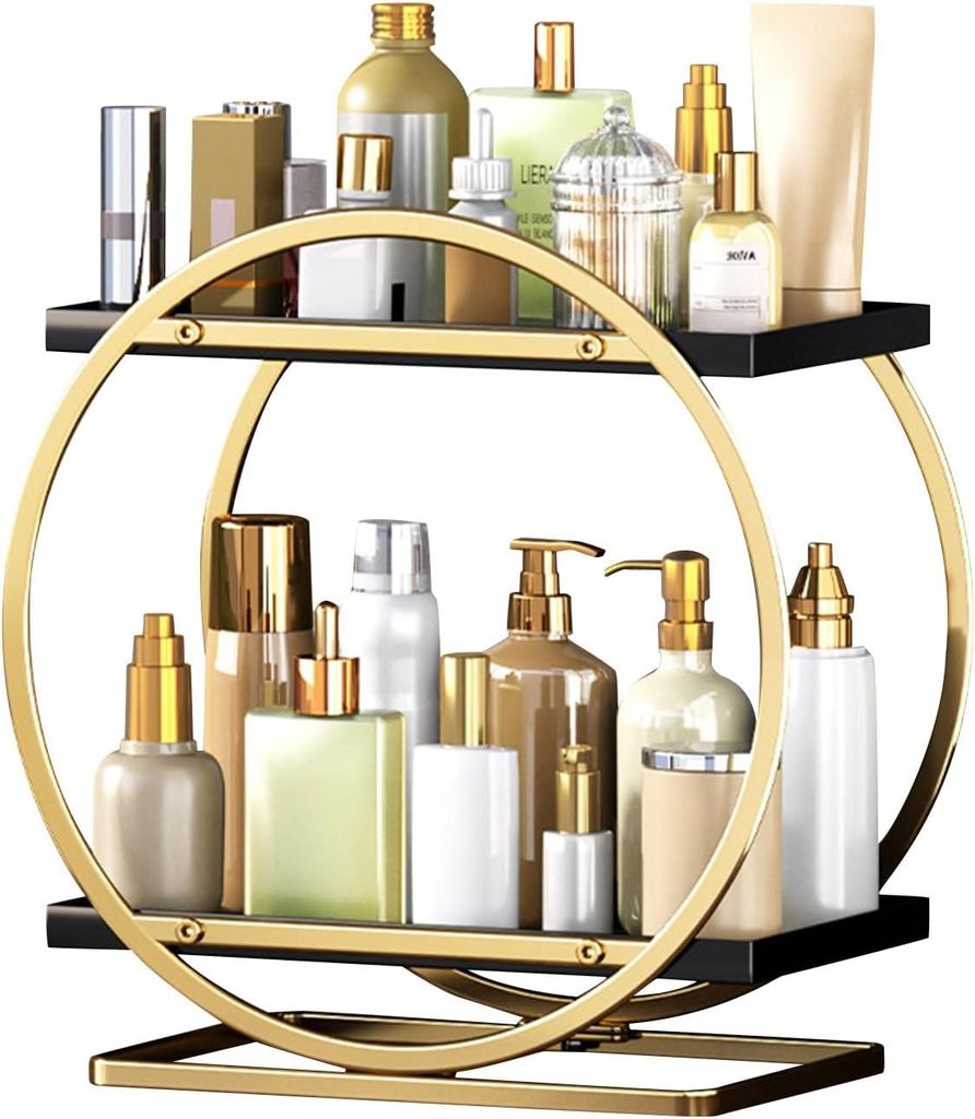 2-stöckiger Kosmetik- und Parfüm-Organizer für Badezimmer und Kommode - Schwarz Gold