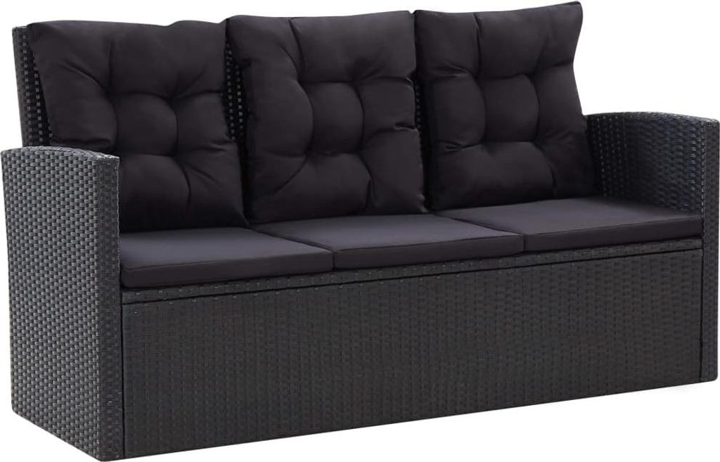 A black outdoor lounge sofa with cushions, shown from the front.
