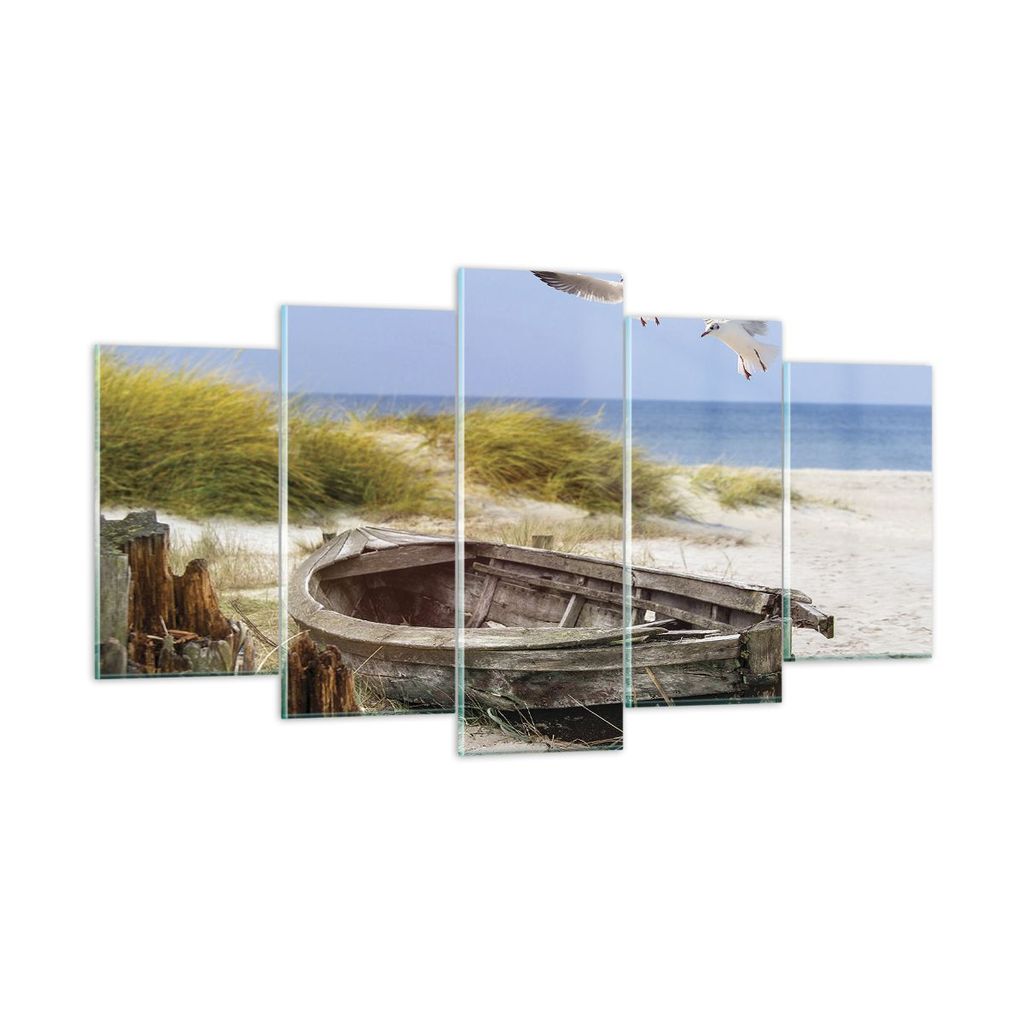 Bilder auf glas - 5 Teile - Strand Möwen £ódŸ - 160x85cm - Glasbilder - Wandbilder - Bilder - zum Aufhängen bereit - Wanddekoration aus Glas -...